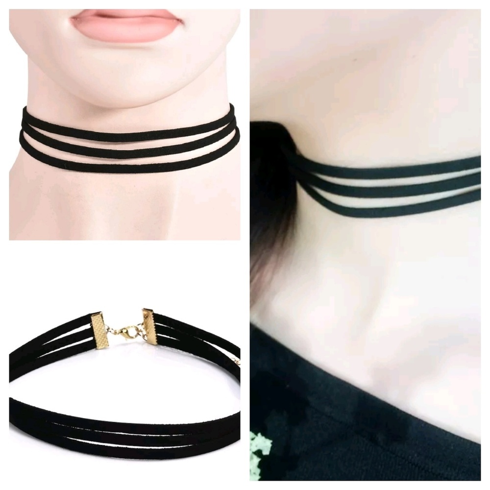 Black Choker Necklace Triple Layered - Picture 1 of 7